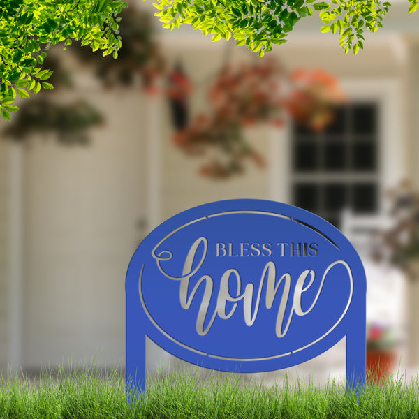 Bless This Home Metal Garden Stake Decoration - Oval Christian Quote Home Decor - Outdoor Laser Cut Yard Stake - Unique Housewarming Gifts
