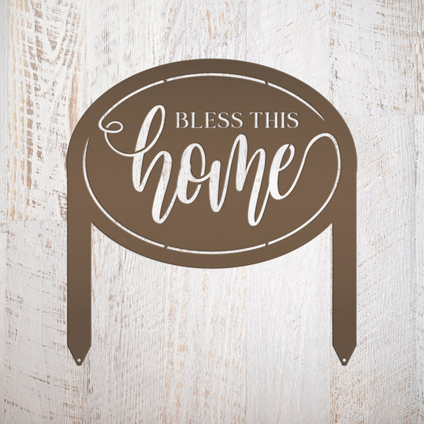 Bless This Home Metal Garden Stake Decoration - Oval Christian Quote Home Decor - Outdoor Laser Cut Yard Stake - Unique Housewarming Gifts