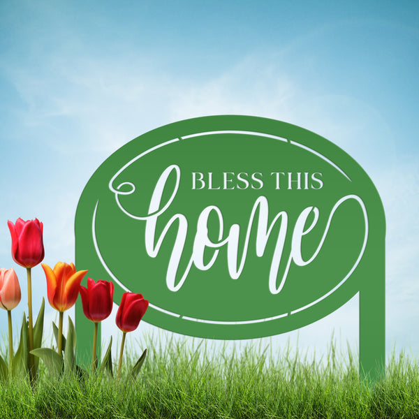 Bless This Home Metal Garden Stake Decoration - Oval Christian Quote Home Decor - Outdoor Laser Cut Yard Stake - Unique Housewarming Gifts