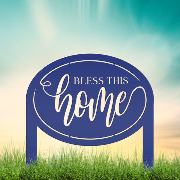 Bless This Home Metal Garden Stake Decoration - Oval Christian Quote Home Decor - Outdoor Laser Cut Yard Stake - Unique Housewarming Gifts