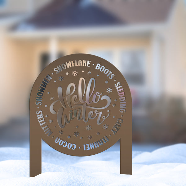 Hello Winter Metal Stake - Snowflake Winter Yard Art - Cute December Home Decoration - Outdoor Seasonal Sign - Unique Christmas Yard Stake