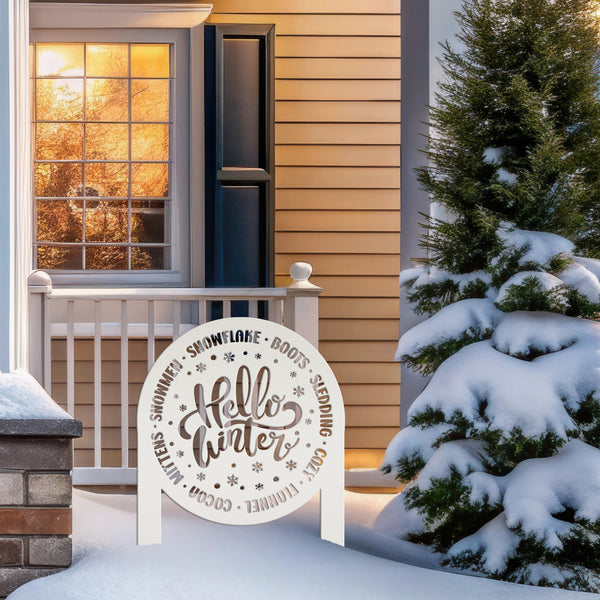 Hello Winter Metal Stake - Snowflake Winter Yard Art - Cute December Home Decoration - Outdoor Seasonal Sign - Unique Christmas Yard Stake