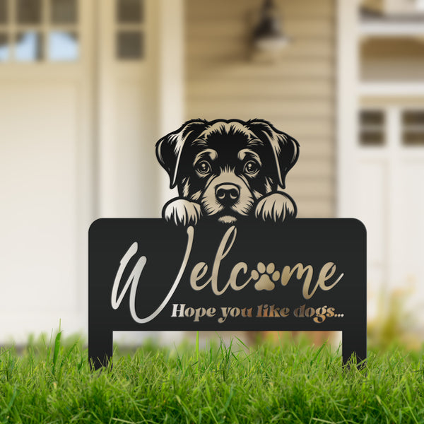 Whimsical Dog Welcome Yard Stake - Add Charm to Your Garden - Welcoming Lawn Ornament - Cute Puppy Metal Sign Art - Perfect Dog Lovers Gift