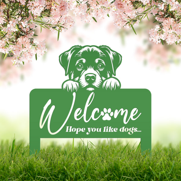 Whimsical Dog Welcome Yard Stake - Add Charm to Your Garden - Welcoming Lawn Ornament - Cute Puppy Metal Sign Art - Perfect Dog Lovers Gift