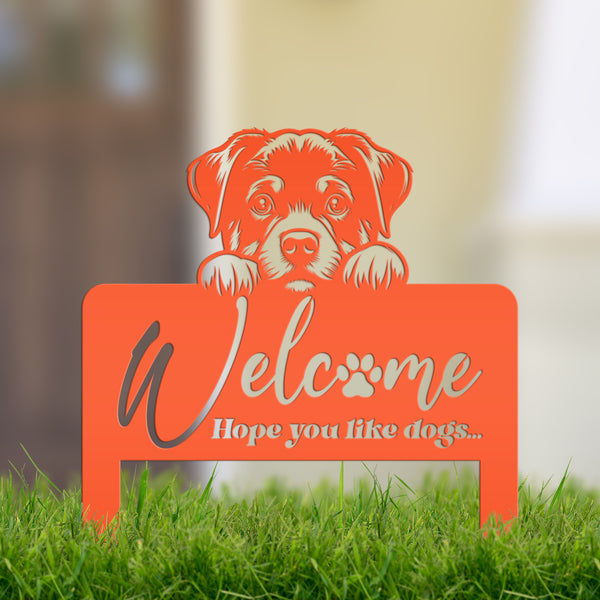 Whimsical Dog Welcome Yard Stake - Add Charm to Your Garden - Welcoming Lawn Ornament - Cute Puppy Metal Sign Art - Perfect Dog Lovers Gift