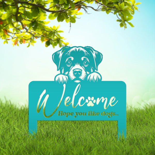 Whimsical Dog Welcome Yard Stake - Add Charm to Your Garden - Welcoming Lawn Ornament - Cute Puppy Metal Sign Art - Perfect Dog Lovers Gift
