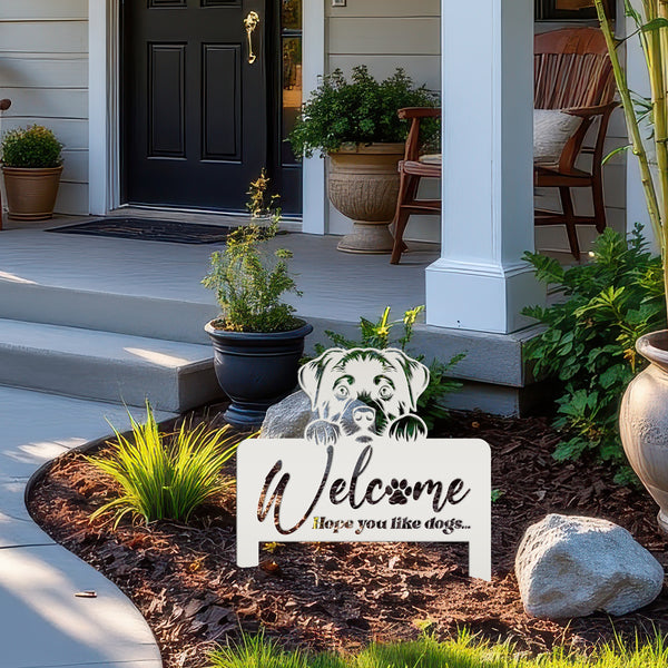Whimsical Dog Welcome Yard Stake - Add Charm to Your Garden - Welcoming Lawn Ornament - Cute Puppy Metal Sign Art - Perfect Dog Lovers Gift