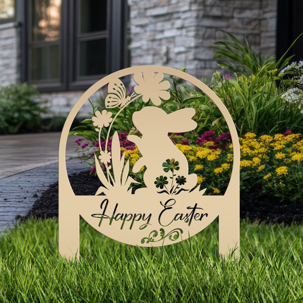 Happy Easter Metal Yard Stake - Easter Bunny Sign With Flowers Yard Sign