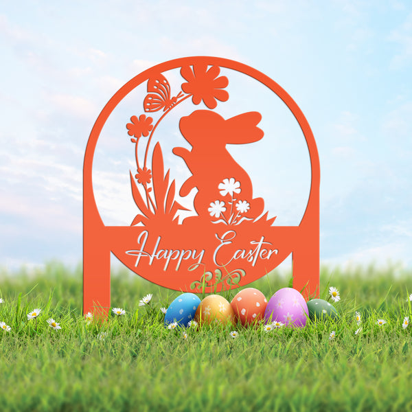 Happy Easter Metal Yard Stake - Easter Bunny Sign With Flowers Yard Sign