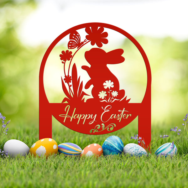 Happy Easter Metal Yard Stake - Easter Bunny Sign With Flowers Yard Sign