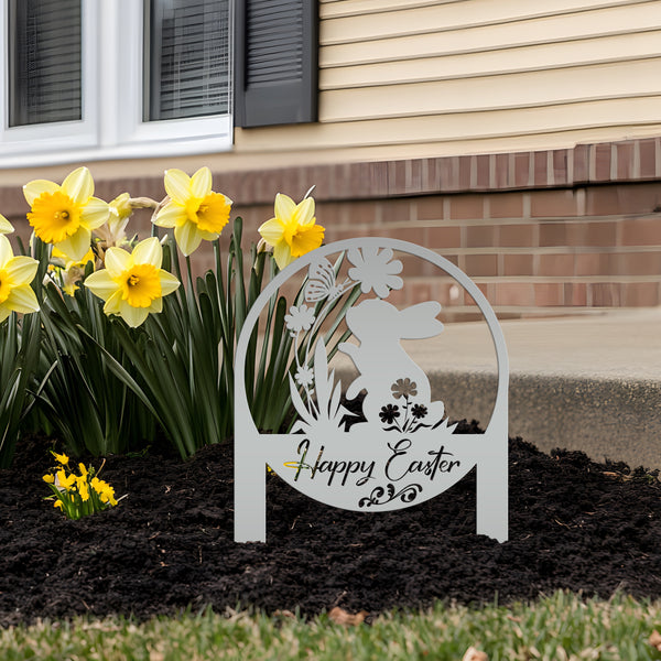 Happy Easter Metal Yard Stake - Easter Bunny Sign With Flowers Yard Sign
