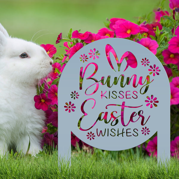 Metal Bunny Kisses Metal Yard Stake - Outdoor Easter Decor - Easter Egg Decorations - Powder Coated Outdoor Decor