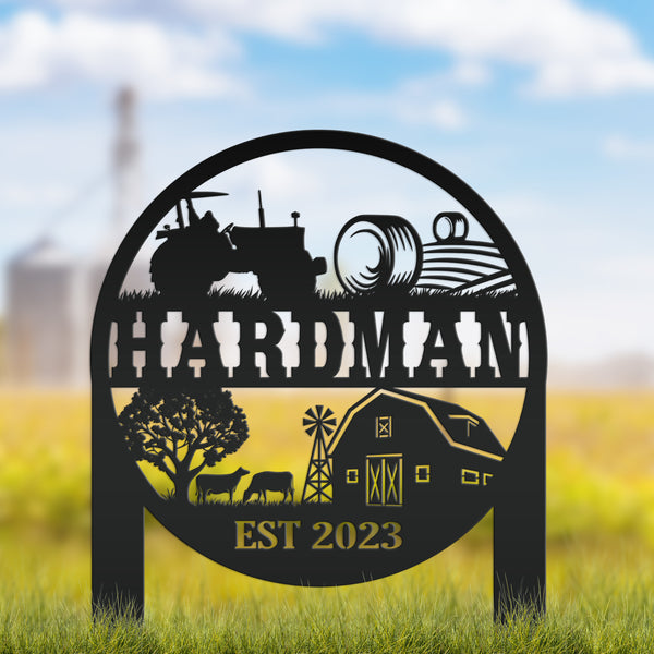 Custom Farm Sign Metal Yard Stake, Customizable Outdoor Gift, Lawn Decoration with Cows and Hay Fields, Livestock Small Business Signage Idea