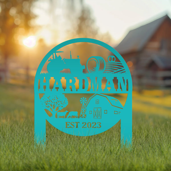 Custom Farm Sign Metal Yard Stake, Customizable Outdoor Gift, Lawn Decoration with Cows and Hay Fields, Livestock Small Business Signage Idea
