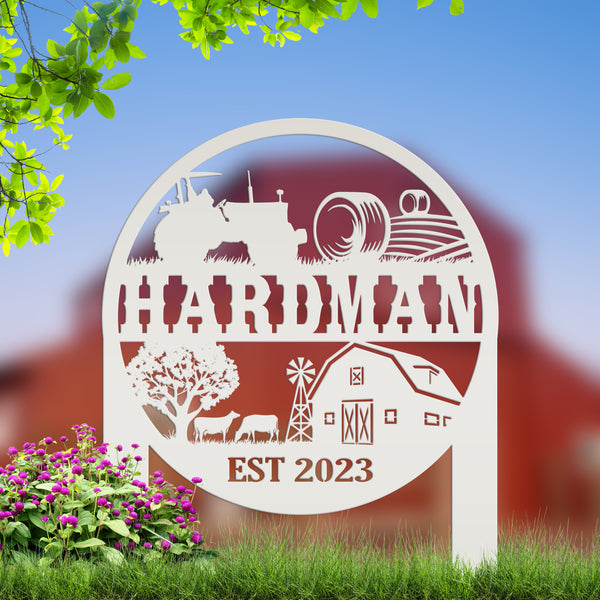 Custom Farm Sign Metal Yard Stake, Customizable Outdoor Gift, Lawn Decoration with Cows and Hay Fields, Livestock Small Business Signage Idea