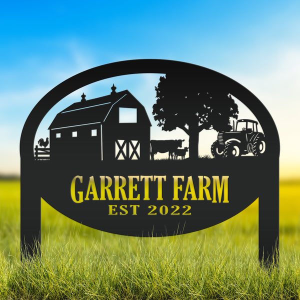 Custom Farm Sign Metal Outdoor Yard Stake with Tractor Scene, Front Flower Bed Decor, Address Plaque With Barn and Chickens, Home Decor with Cows