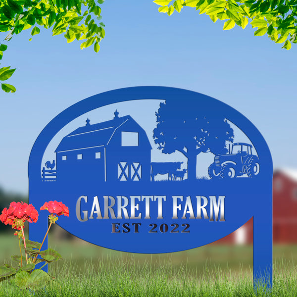 Custom Farm Sign Metal Outdoor Yard Stake with Tractor Scene, Front Flower Bed Decor, Address Plaque With Barn and Chickens, Home Decor with Cows