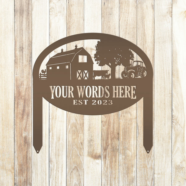 Custom Farm Sign Metal Outdoor Yard Stake with Tractor Scene, Front Flower Bed Decor, Address Plaque With Barn and Chickens, Home Decor with Cows