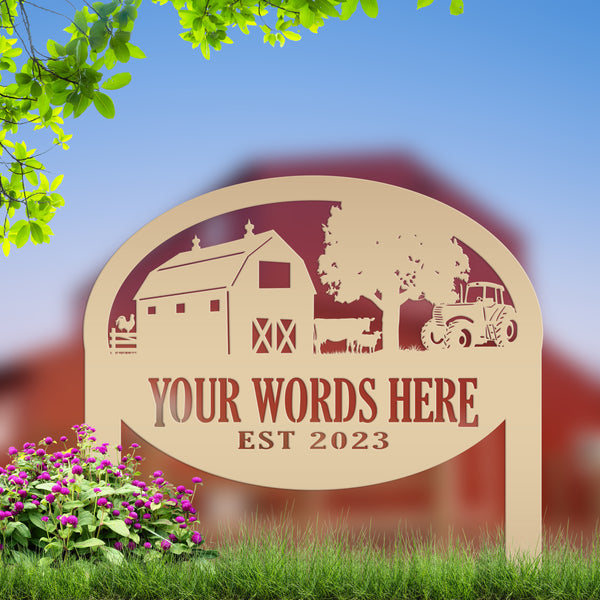 Custom Farm Sign Metal Outdoor Yard Stake with Tractor Scene, Front Flower Bed Decor, Address Plaque With Barn and Chickens, Home Decor with Cows