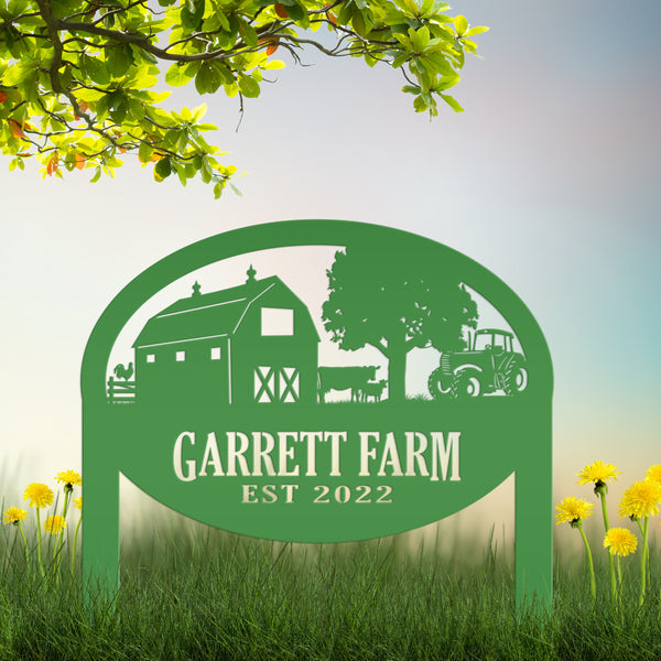 Custom Farm Sign Metal Outdoor Yard Stake with Tractor Scene, Front Flower Bed Decor, Address Plaque With Barn and Chickens, Home Decor with Cows