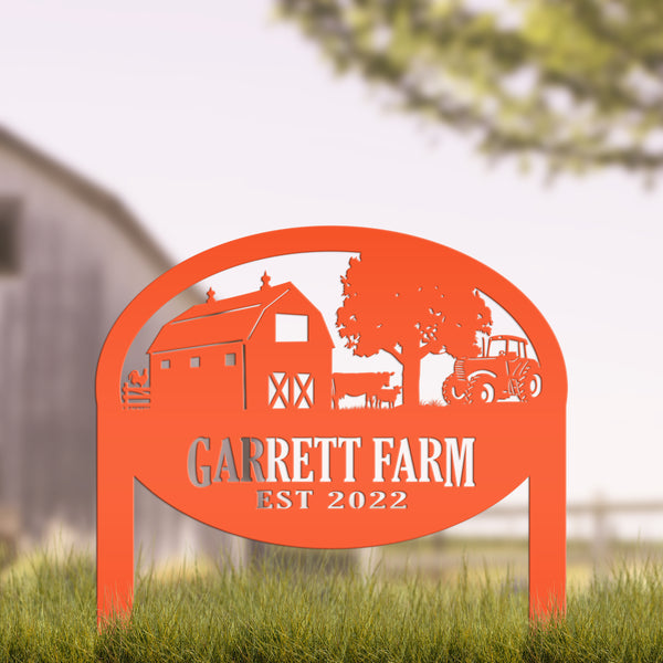 Custom Farm Sign Metal Outdoor Yard Stake with Tractor Scene, Front Flower Bed Decor, Address Plaque With Barn and Chickens, Home Decor with Cows