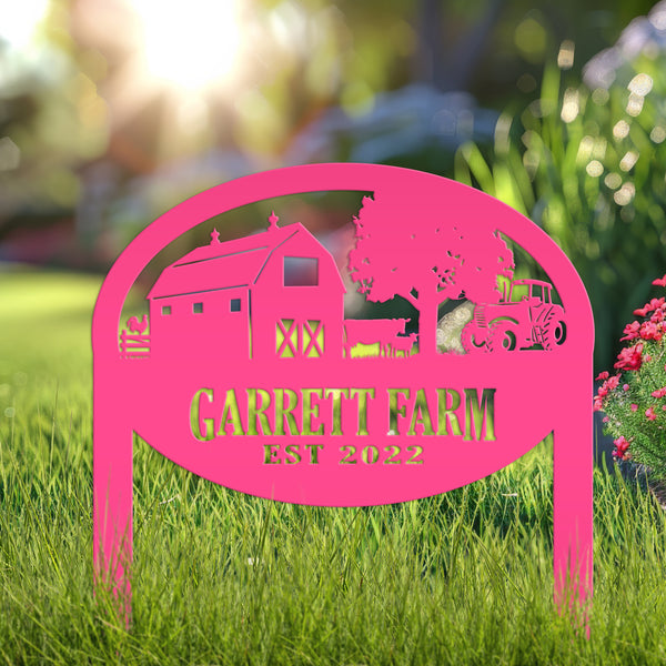 Custom Farm Sign Metal Outdoor Yard Stake with Tractor Scene, Front Flower Bed Decor, Address Plaque With Barn and Chickens, Home Decor with Cows