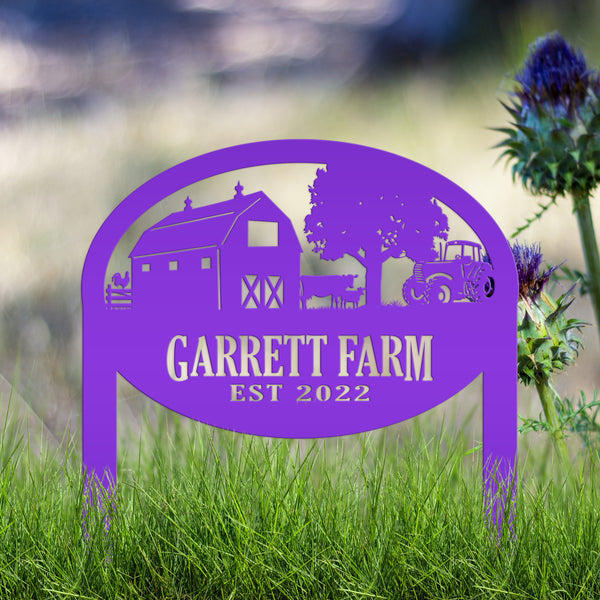 Custom Farm Sign Metal Outdoor Yard Stake with Tractor Scene, Front Flower Bed Decor, Address Plaque With Barn and Chickens, Home Decor with Cows