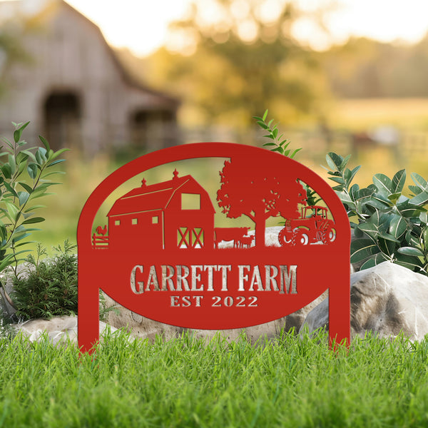 Custom Farm Sign Metal Outdoor Yard Stake with Tractor Scene, Front Flower Bed Decor, Address Plaque With Barn and Chickens, Home Decor with Cows