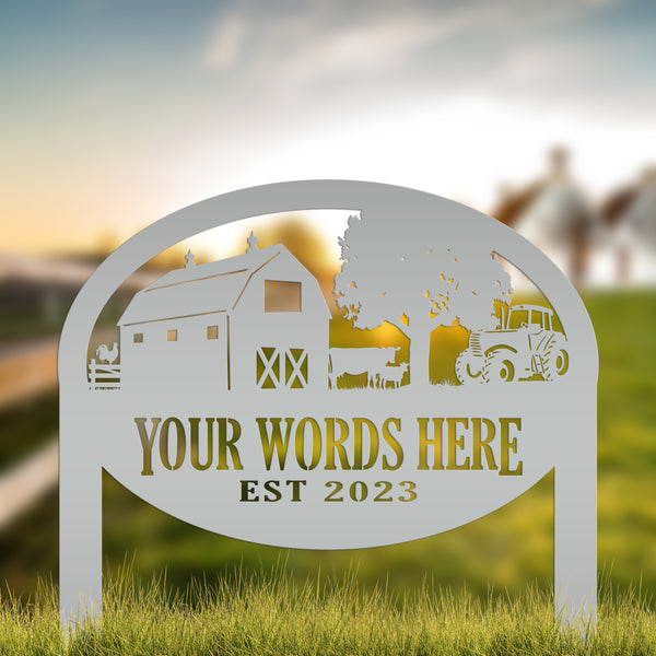 Custom Farm Sign Metal Outdoor Yard Stake with Tractor Scene, Front Flower Bed Decor, Address Plaque With Barn and Chickens, Home Decor with Cows