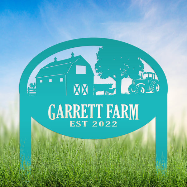Custom Farm Sign Metal Outdoor Yard Stake with Tractor Scene, Front Flower Bed Decor, Address Plaque With Barn and Chickens, Home Decor with Cows