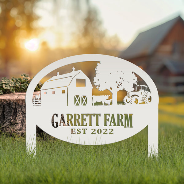 Custom Farm Sign Metal Outdoor Yard Stake with Tractor Scene, Front Flower Bed Decor, Address Plaque With Barn and Chickens, Home Decor with Cows