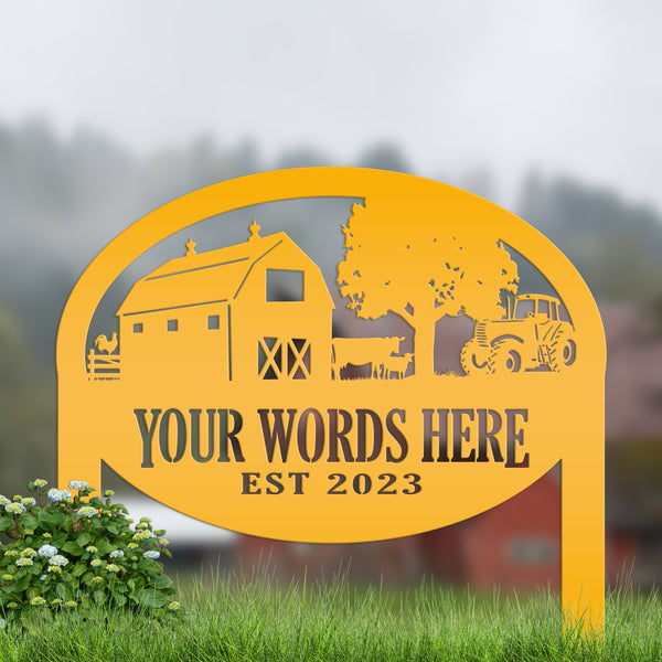 Custom Farm Sign Metal Outdoor Yard Stake with Tractor Scene, Front Flower Bed Decor, Address Plaque With Barn and Chickens, Home Decor with Cows
