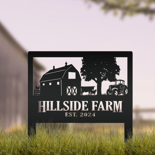 Custom Farm Scene Metal Yard Stake - Unique Farming Outdoor Decor - Charming Homestead Garden Decorations - Rustic Farmhouse Lawn Stakes