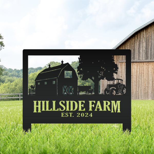 Custom Farm Scene Metal Yard Stake - Unique Farming Outdoor Decor - Charming Homestead Garden Decorations - Rustic Farmhouse Lawn Stakes