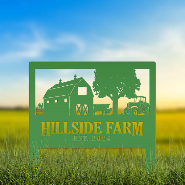 Custom Farm Scene Metal Yard Stake - Unique Farming Outdoor Decor - Charming Homestead Garden Decorations - Rustic Farmhouse Lawn Stakes