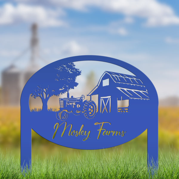 Custom Metal Farm Sign Customizable with Rustic Tractor and Barn with Yard Stakes, Outdoor Personalized Family Name Lawn Decoration, Address Marker