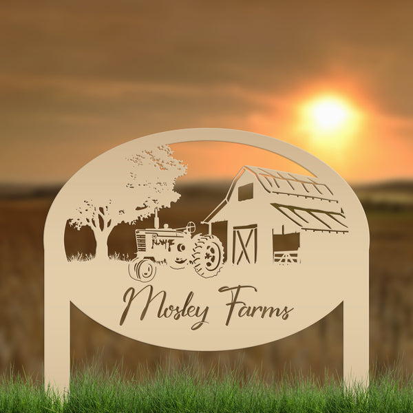 Custom Metal Farm Sign Customizable with Rustic Tractor and Barn with Yard Stakes, Outdoor Personalized Family Name Lawn Decoration, Address Marker