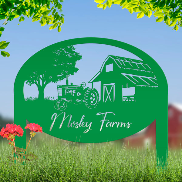 Custom Metal Farm Sign Customizable with Rustic Tractor and Barn with Yard Stakes, Outdoor Personalized Family Name Lawn Decoration, Address Marker