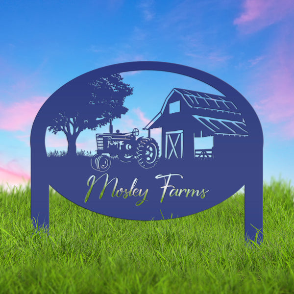 Custom Metal Farm Sign Customizable with Rustic Tractor and Barn with Yard Stakes, Outdoor Personalized Family Name Lawn Decoration, Address Marker