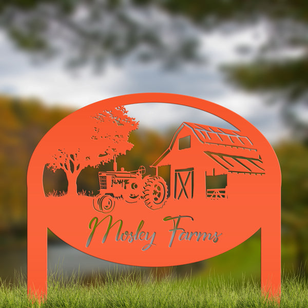 Custom Metal Farm Sign Customizable with Rustic Tractor and Barn with Yard Stakes, Outdoor Personalized Family Name Lawn Decoration, Address Marker