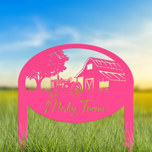 Custom Metal Farm Sign Customizable with Rustic Tractor and Barn with Yard Stakes, Outdoor Personalized Family Name Lawn Decoration, Address Marker