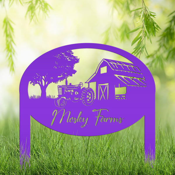 Custom Metal Farm Sign Customizable with Rustic Tractor and Barn with Yard Stakes, Outdoor Personalized Family Name Lawn Decoration, Address Marker