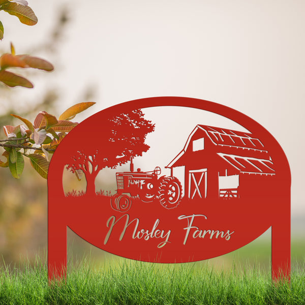 Custom Metal Farm Sign Customizable with Rustic Tractor and Barn with Yard Stakes, Outdoor Personalized Family Name Lawn Decoration, Address Marker