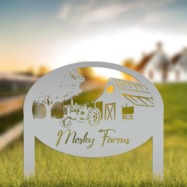 Custom Metal Farm Sign Customizable with Rustic Tractor and Barn with Yard Stakes, Outdoor Personalized Family Name Lawn Decoration, Address Marker