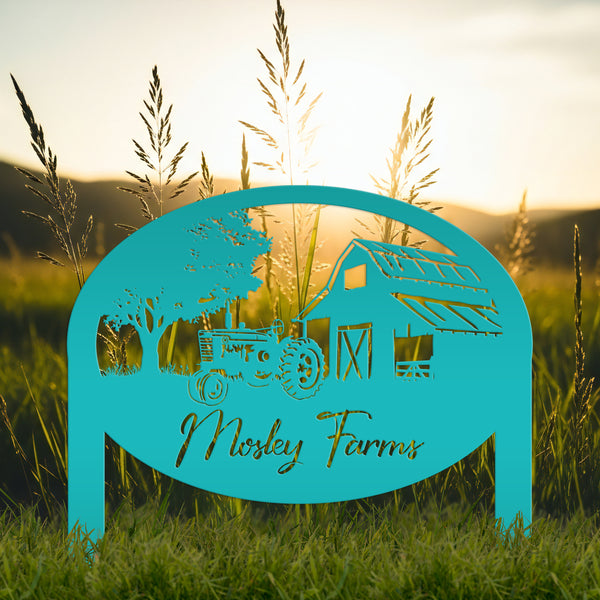 Custom Metal Farm Sign Customizable with Rustic Tractor and Barn with Yard Stakes, Outdoor Personalized Family Name Lawn Decoration, Address Marker