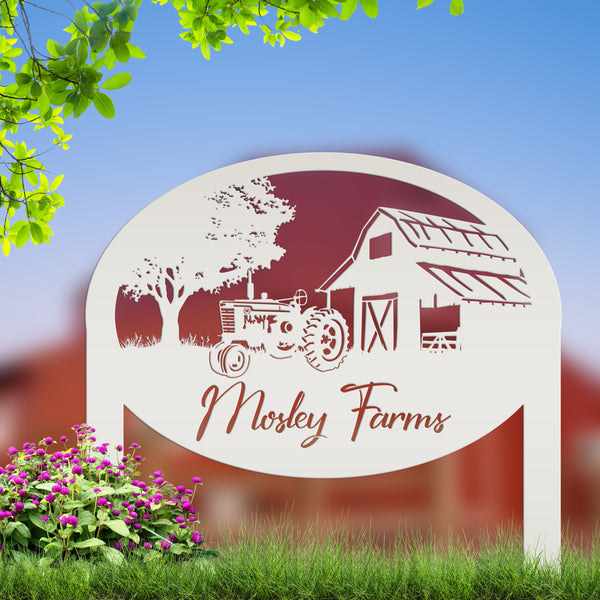 Custom Metal Farm Sign Customizable with Rustic Tractor and Barn with Yard Stakes, Outdoor Personalized Family Name Lawn Decoration, Address Marker