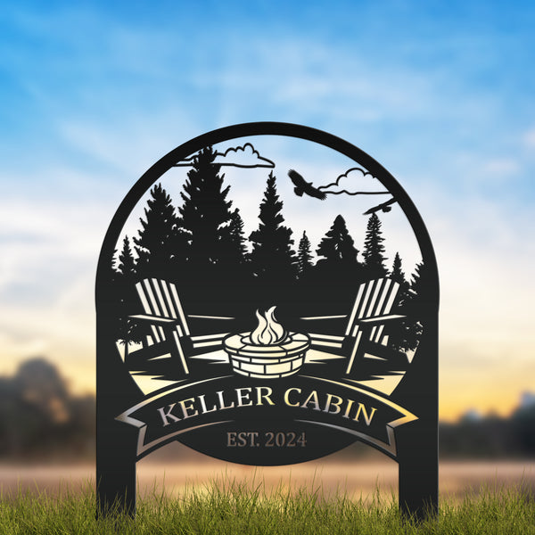 Family Name Firepit Scene Yard Stake - Rustic Personalized Camping Decor, great way to display your camp lot number or address!