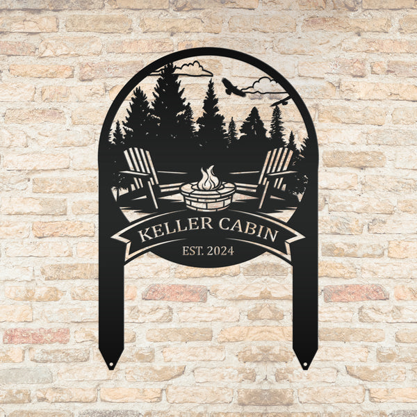 Family Name Firepit Scene Yard Stake - Rustic Personalized Camping Decor, great way to display your camp lot number or address!