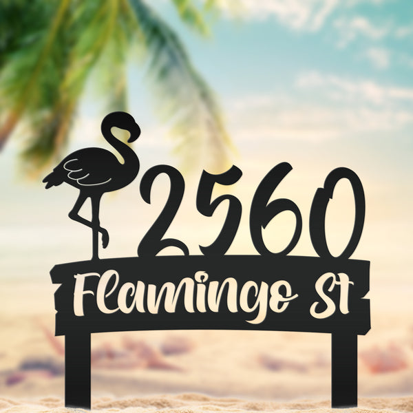 Personalized Flamingo Address Metal Yard Stake - House Numbers-Beach House-Beach Rental Address Decor