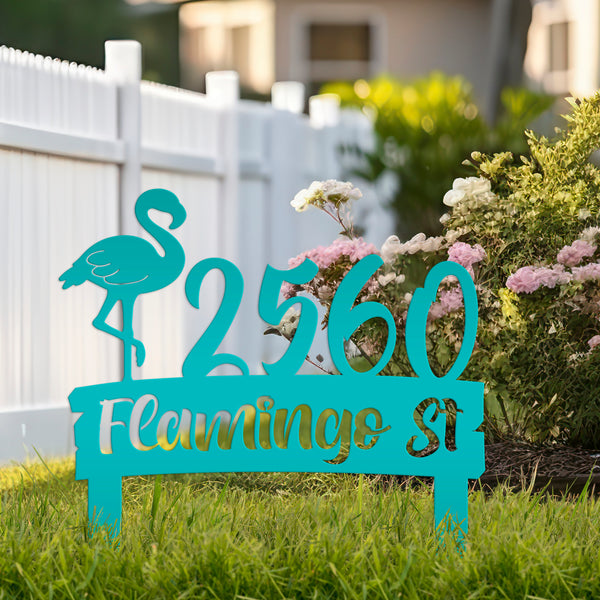 Personalized Flamingo Address Metal Yard Stake - House Numbers-Beach House-Beach Rental Address Decor